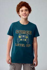 Polera Niño Básica Estampada Verde Oscuro