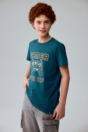 Polera Niño Básica Estampada Verde Oscuro