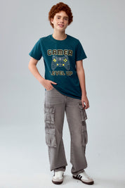 Polera Niño Básica Estampada Verde Oscuro