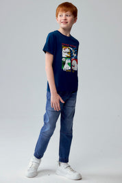 Polera Niño Básica Estampada Azul Petroleo