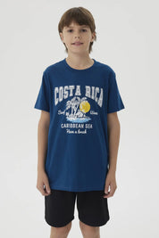 Polera Niño Básica Estampada Azul Petroleo