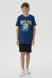 Polera Niño Básica Estampada Azul Petroleo