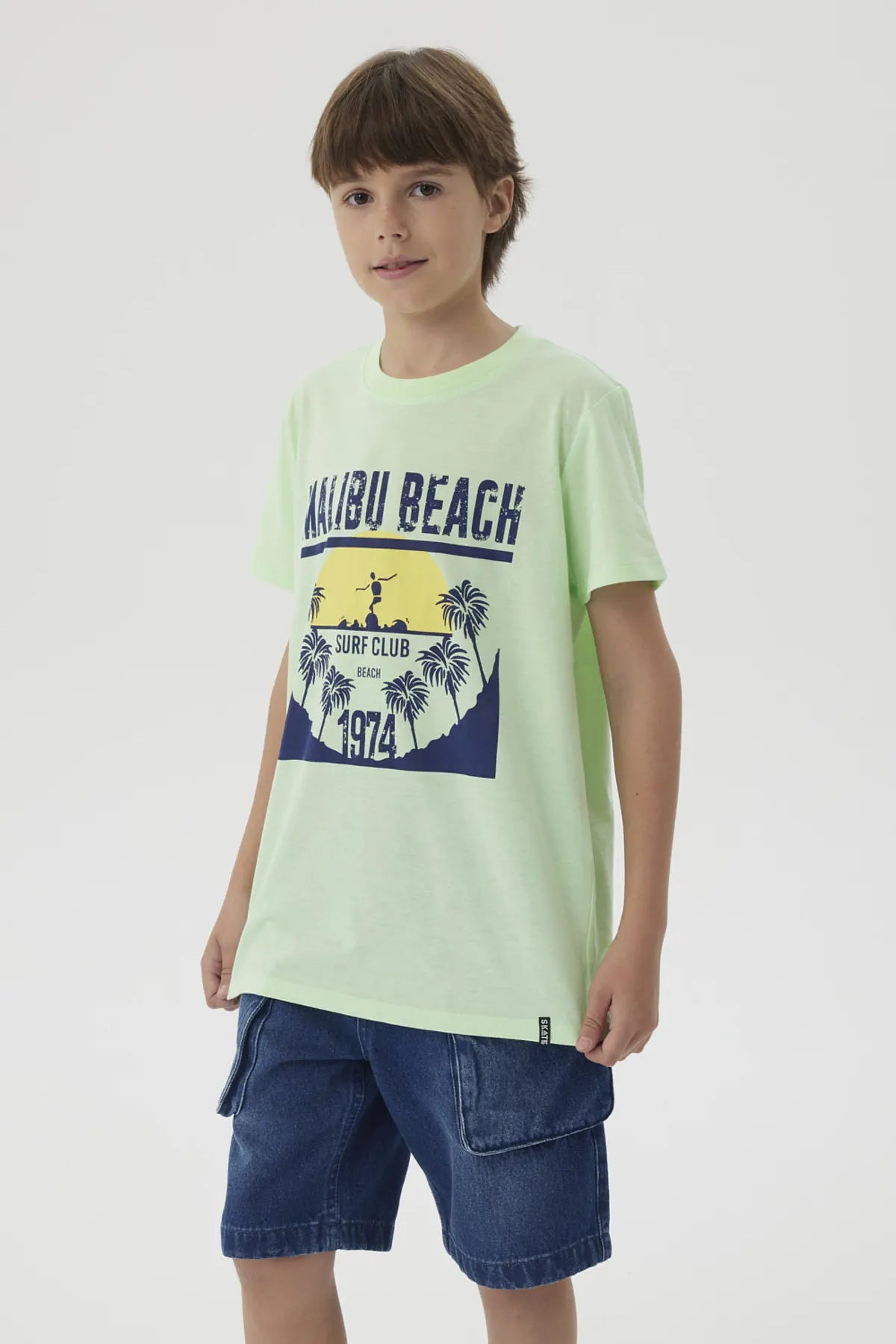 Polera Niño Básica Estampada Verde Claro