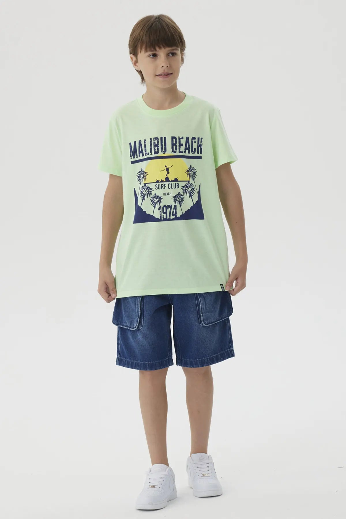 Polera Niño Básica Estampada Verde Claro