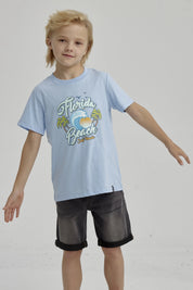 Polera Niño Básica Estampada Celeste