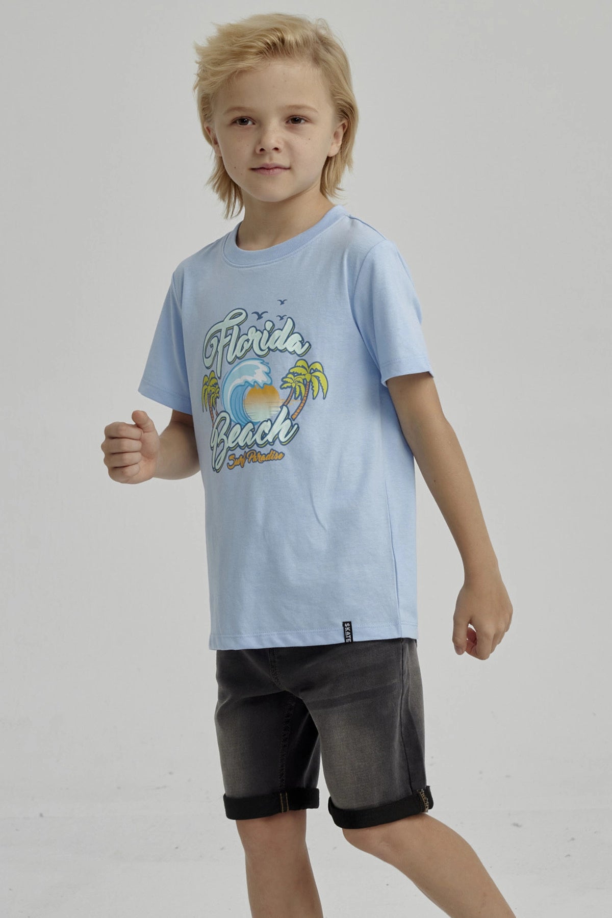 Polera Niño Básica Estampada Celeste