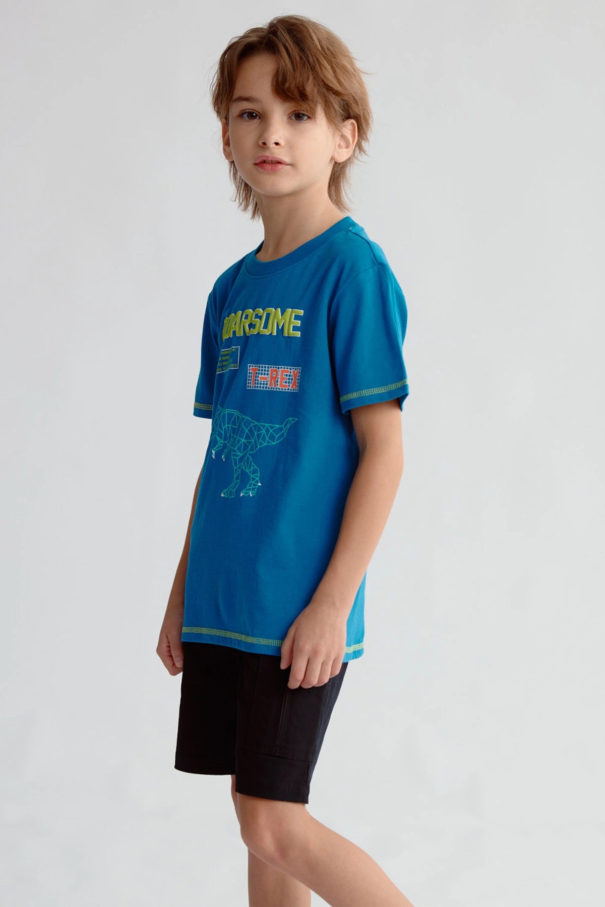 Polera azul de niño con estampado de dinosaurio geométrico y texto Roarsome en el pecho