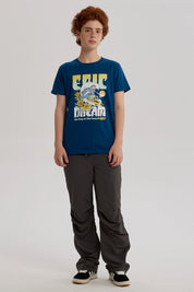 Polera Niño Básica Estampada Azul Petroleo