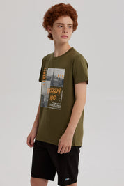 Polera Niño Básica Estampada Verde Militar