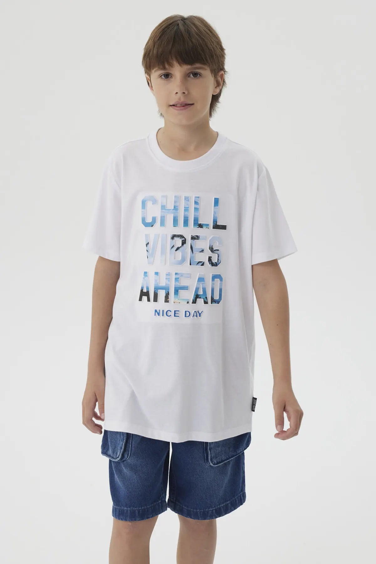 Polera Niño Estampado Playero Blanco