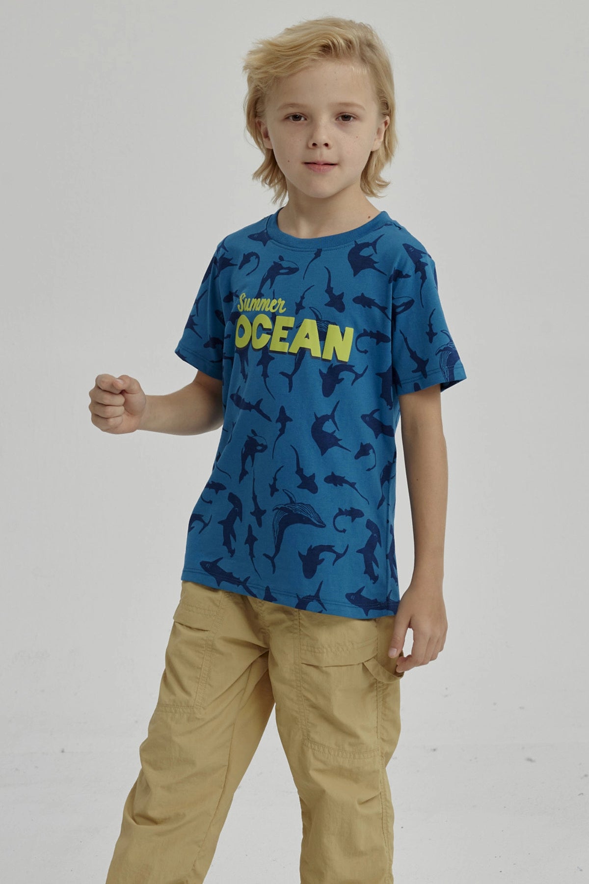 Polera Niño Mini Print Posicional Azul Petroleo