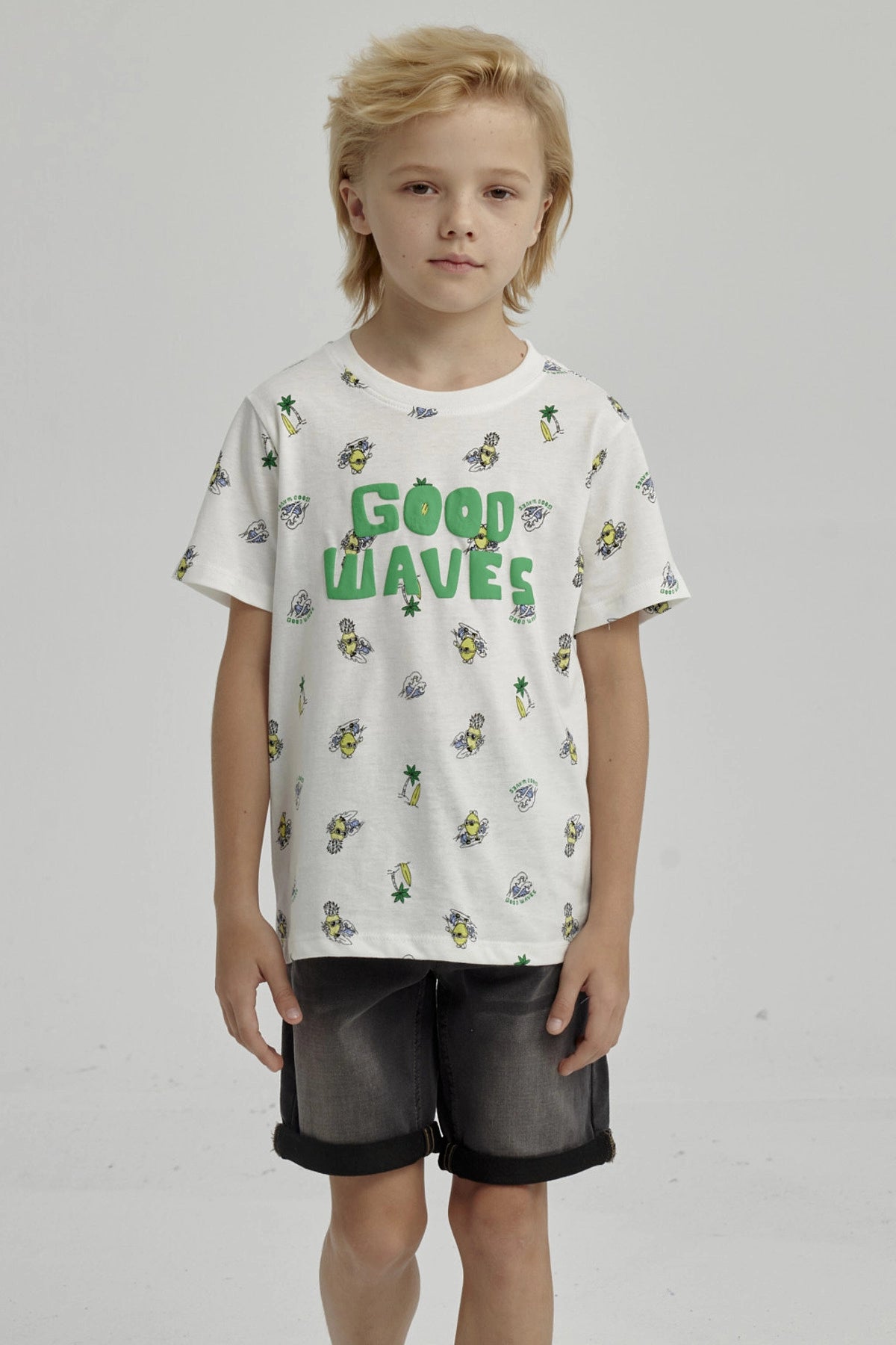 Polera Niño Mini Print Posicional Crudo