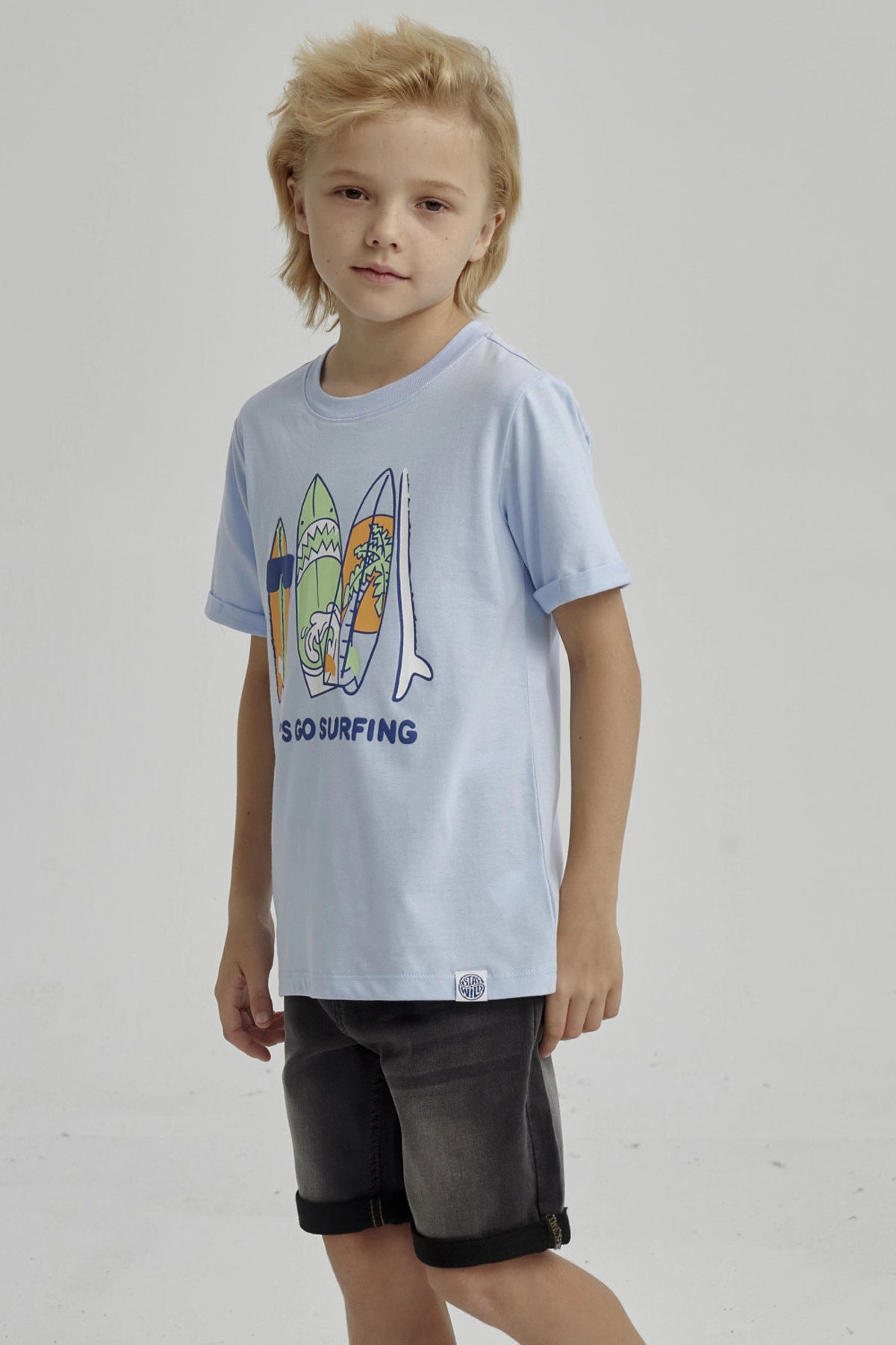 Polera Niño Puff Print Delantero Celeste