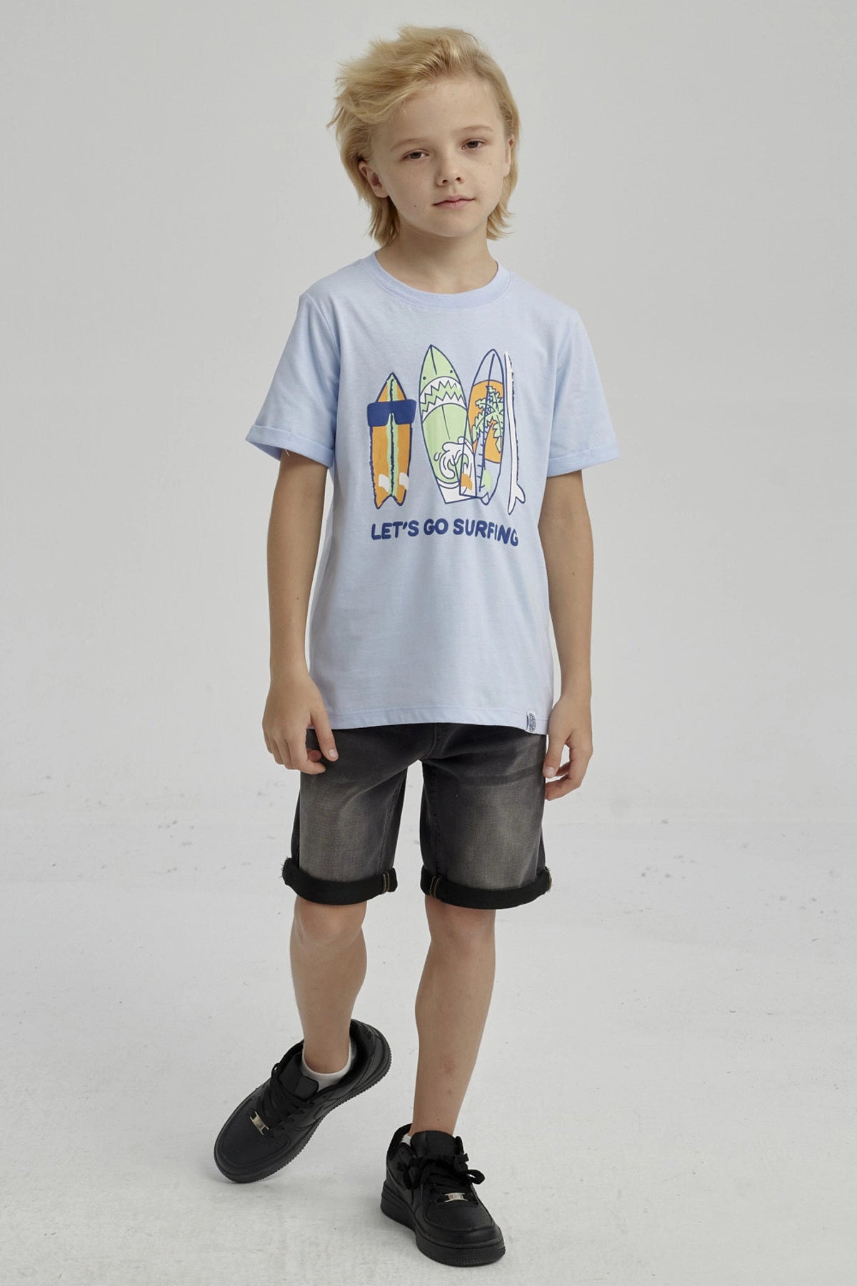 Polera Niño Puff Print Delantero Celeste