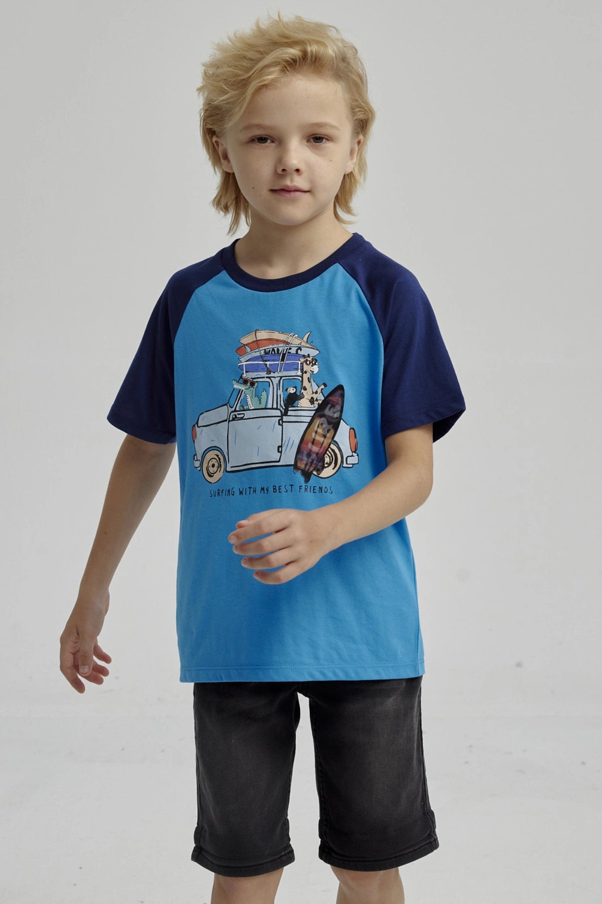 Polera Niño Raglan Print Azul Claro