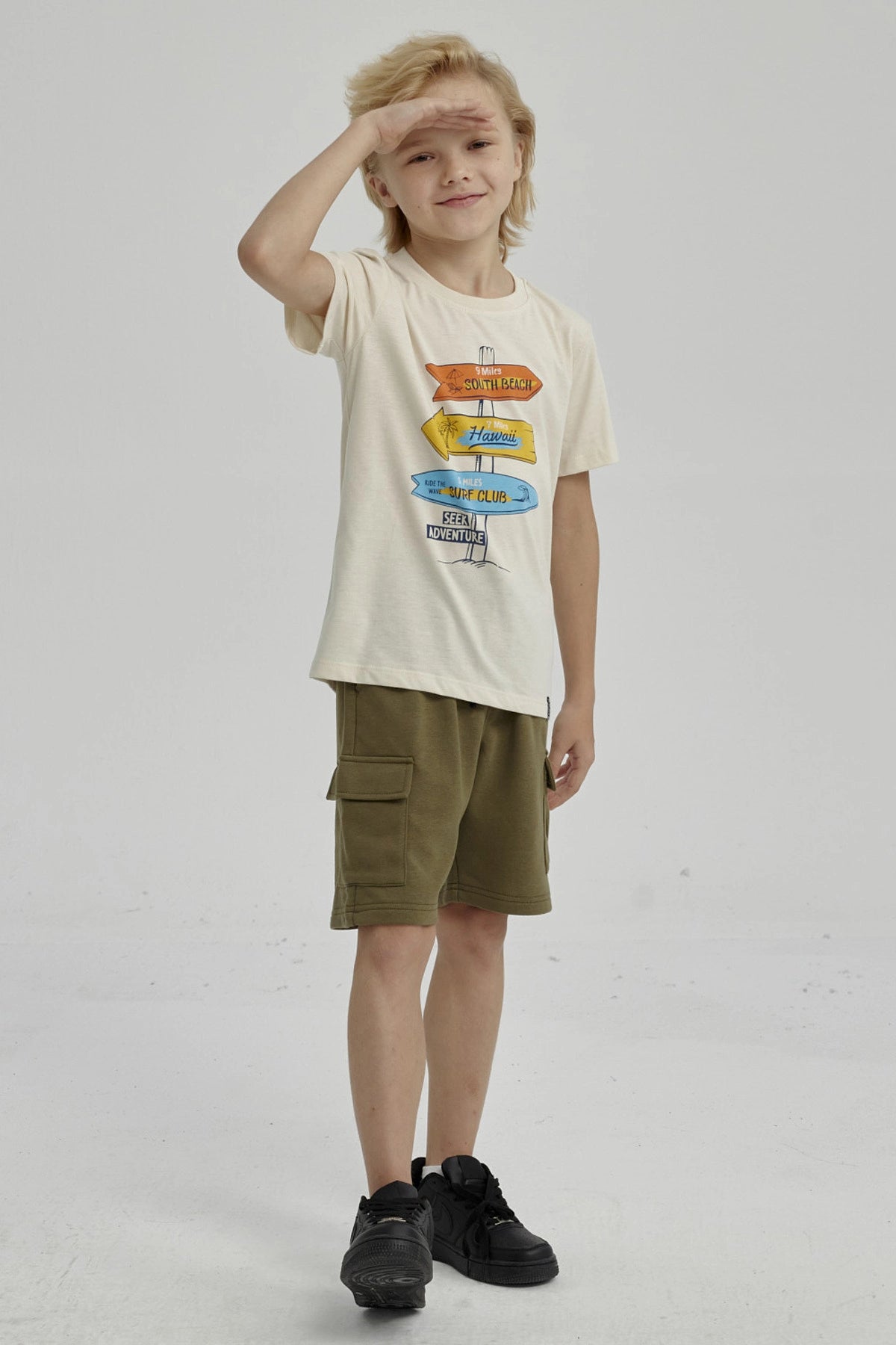 Bermuda Niño Franela Con Parche Verde Militar