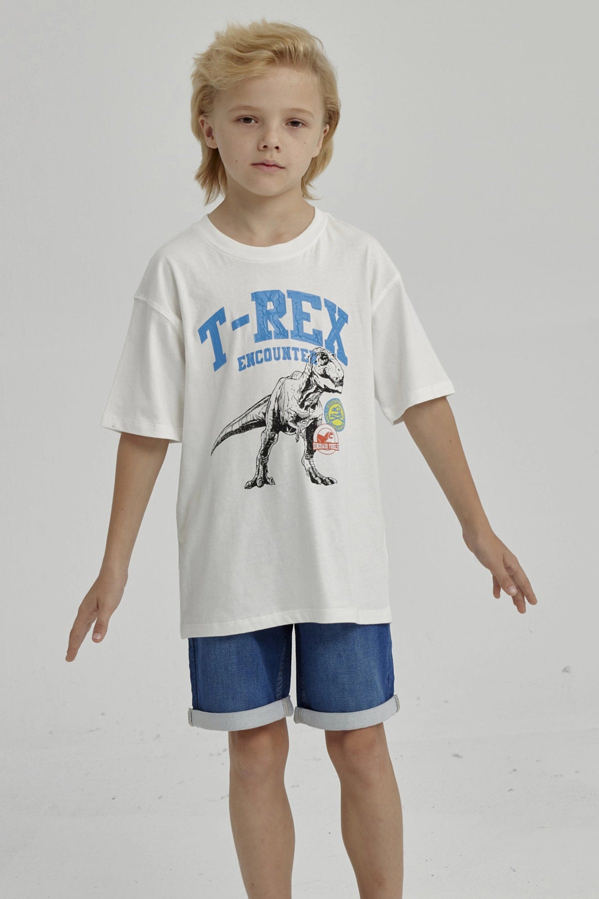 Polera de niño crudo con estampado de T-Rex en el centro en estilo gráfico vintage