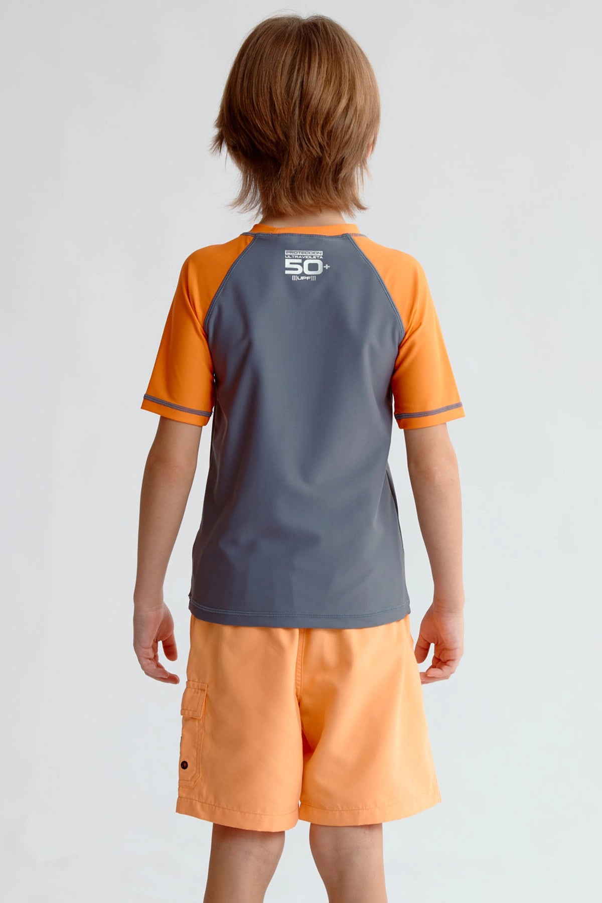 Traje de baño niño gris y naranja con estampado de Sea Sun Surfing