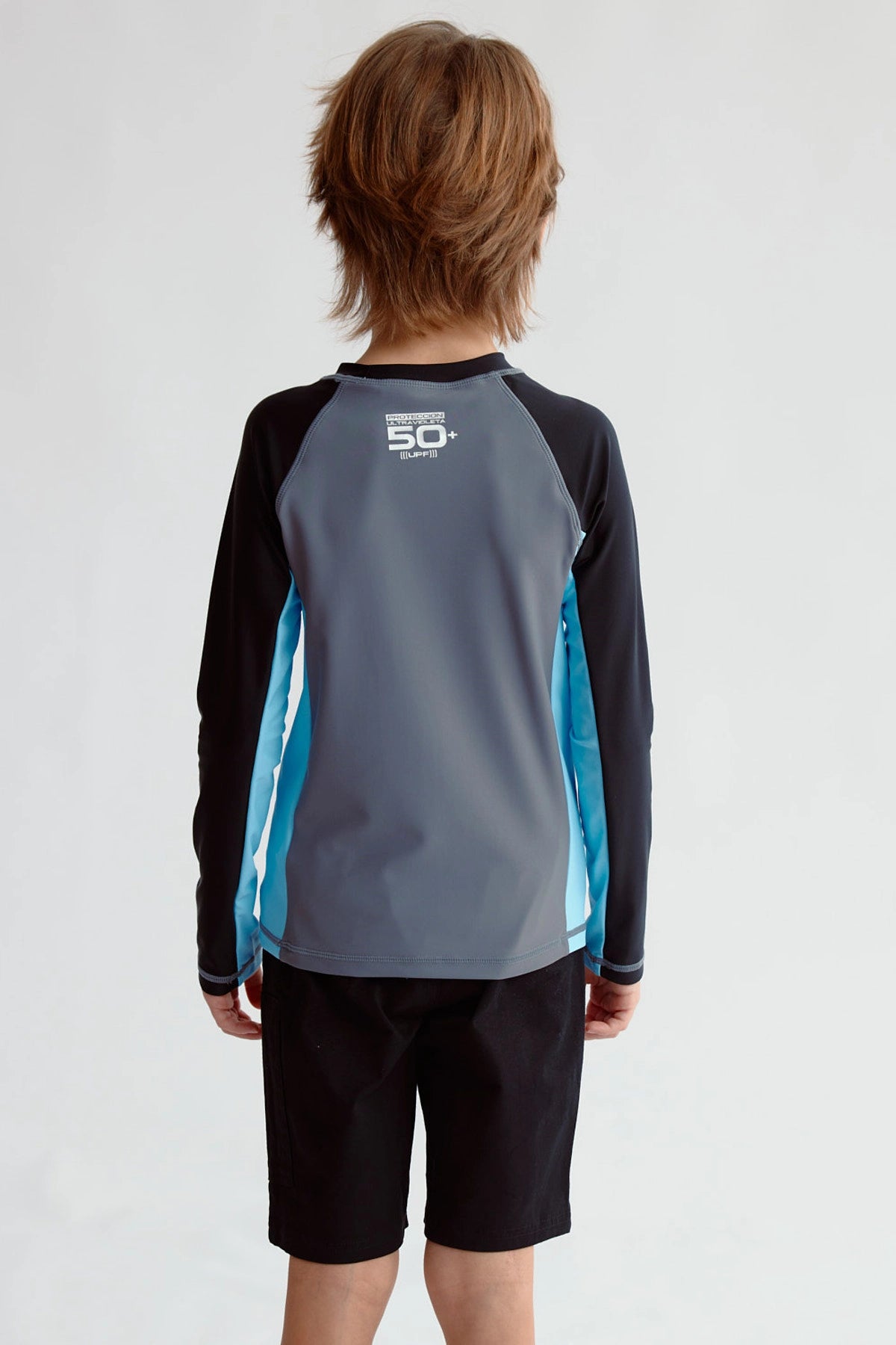 Traje de baño gris para niño con estampado de Palm Beach y detalles en azul y negro