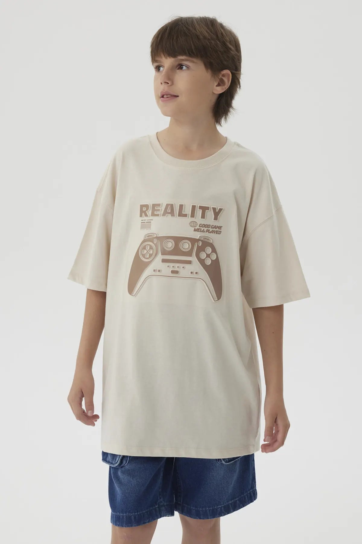 Polera Niño College Print 3D Beige