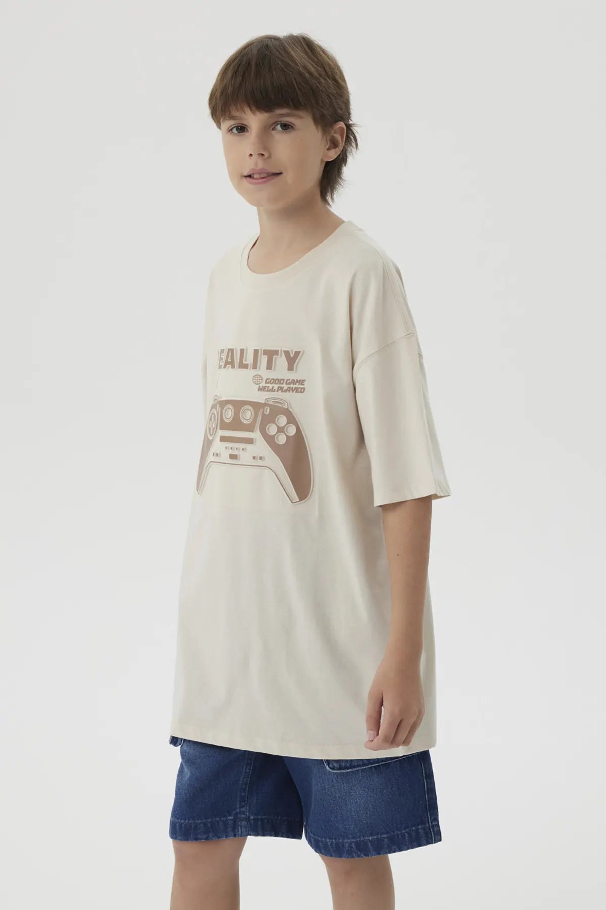 Polera Niño College Print 3D Beige