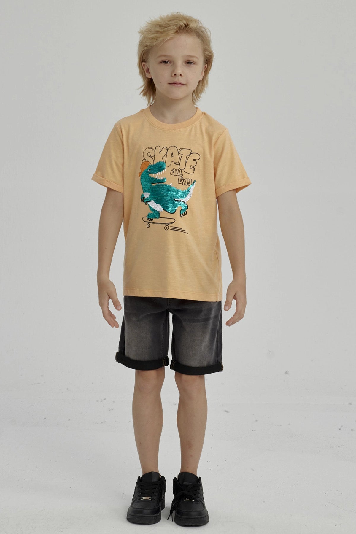 Polera Niño Print Lentejuelas Naranjo