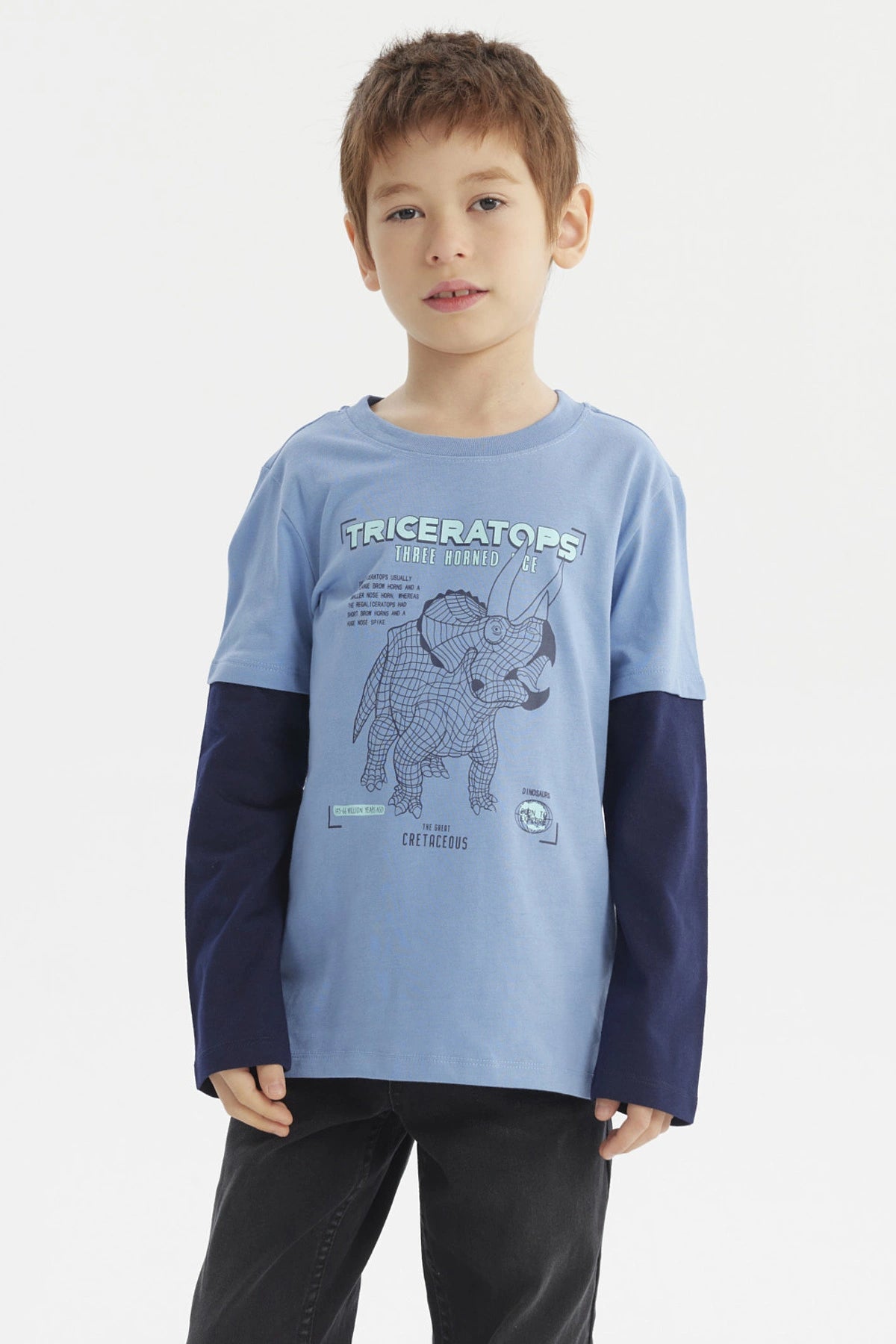Polera de niño azul claro con diseño de triceratops gráfico al frente estilo ilustración en negro y texto Triceratops
