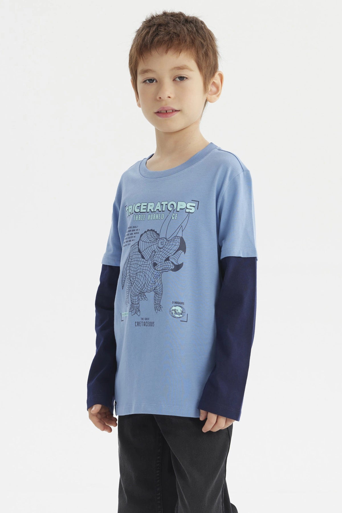 Polera de niño azul claro con diseño de triceratops gráfico al frente estilo ilustración en negro y texto Triceratops