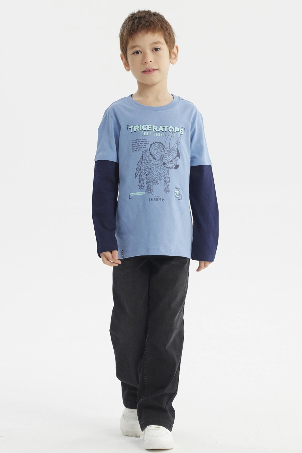 Polera de niño azul claro con diseño de triceratops gráfico al frente estilo ilustración en negro y texto Triceratops