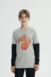 Polera Niño Básica Print Gris Melange