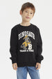 Polerón negro para niño con estampado de dinosaurio en estilo deportivo centralizado en el pecho con texto Dinosaur