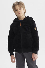 Polar negro para niño con capucha tejido peludo y cierre frontal diseño liso cómodo para el invierno
