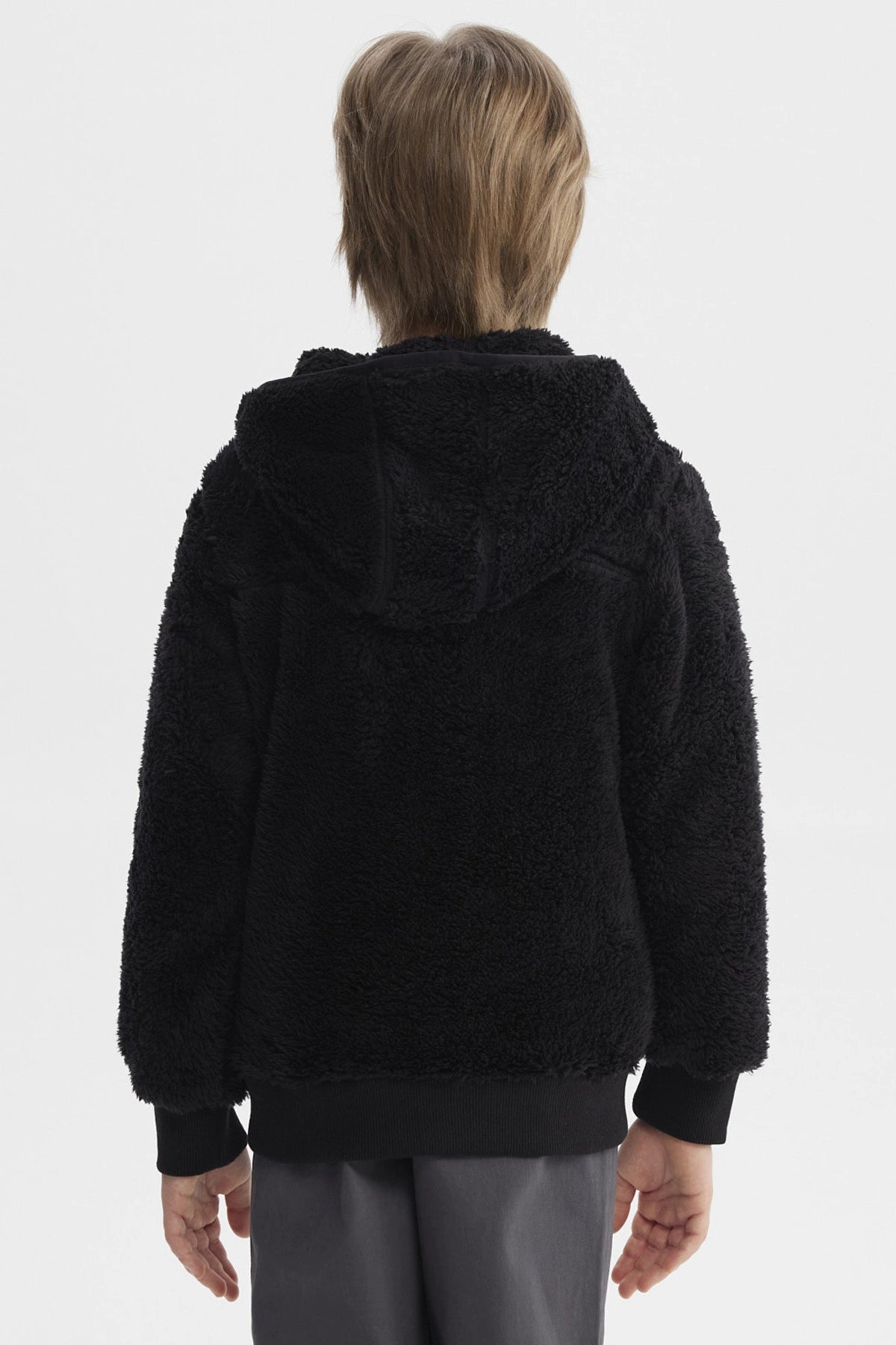 Polar negro para niño con capucha tejido peludo y cierre frontal diseño liso cómodo para el invierno