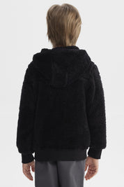 Polar negro para niño con capucha tejido peludo y cierre frontal diseño liso cómodo para el invierno