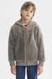 Polar gris para niño con textura peluda cierre frontal y capucha ideal para días fríos diseño liso y moderno
