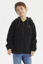 Polar niño negro con capucha y cierre frontal detalles rojos lisa cómodo para días fríos