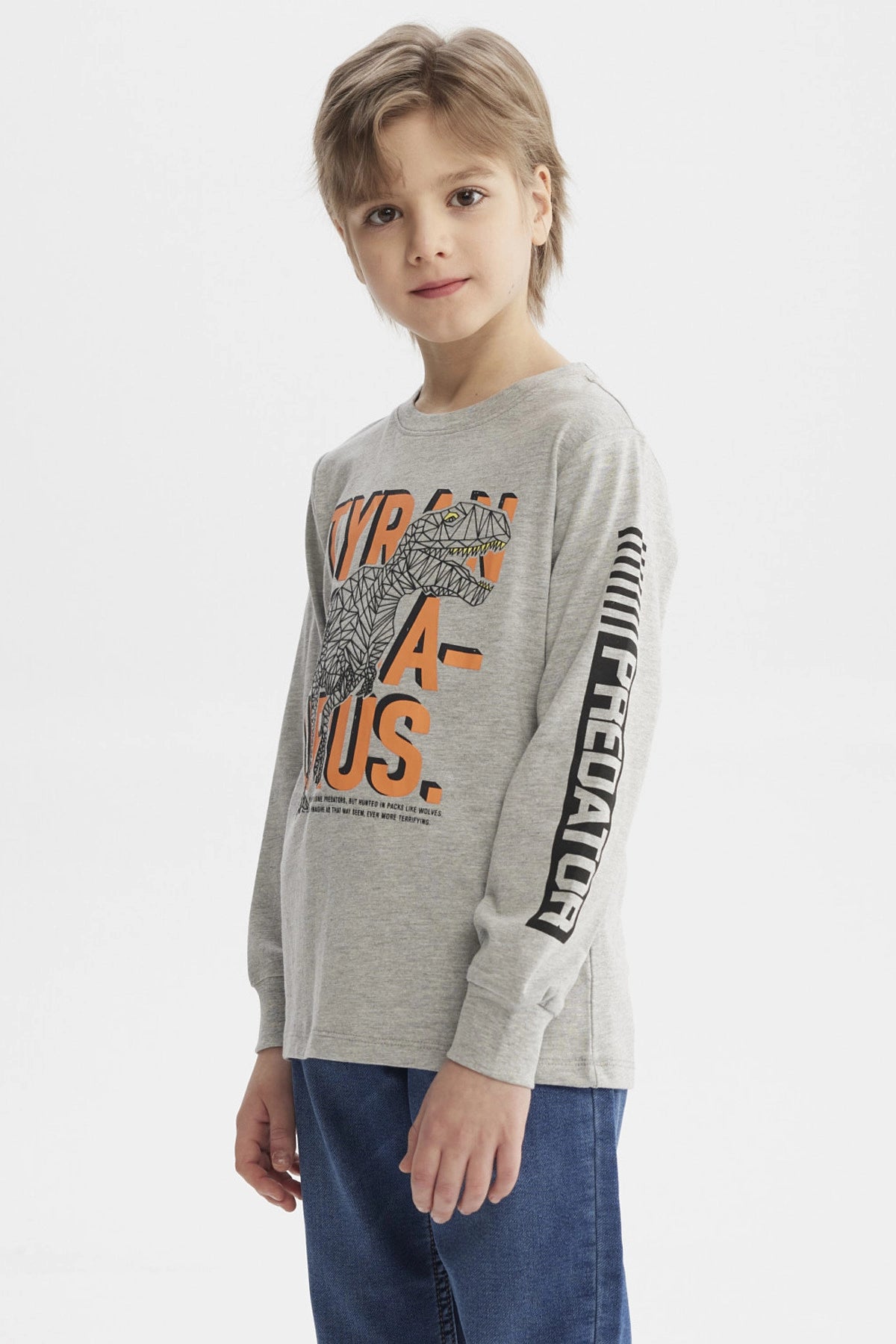 Polera niño gris melange con estampado de dinosaurio geométrico grande al frente letras TYRANOSAURUS en naranja