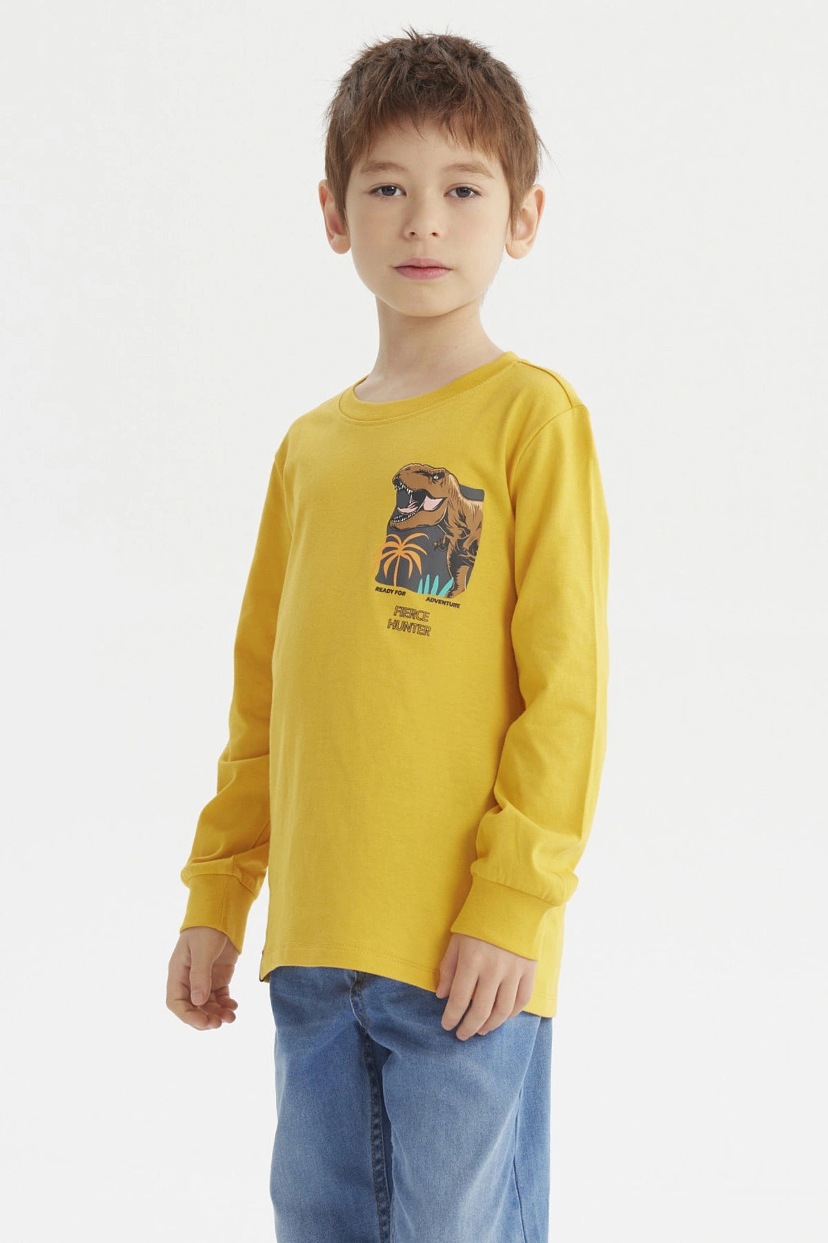 Polera niño mostaza con estampa de dinosaurio grande en el pecho estilo gráfico aventura en la jungla