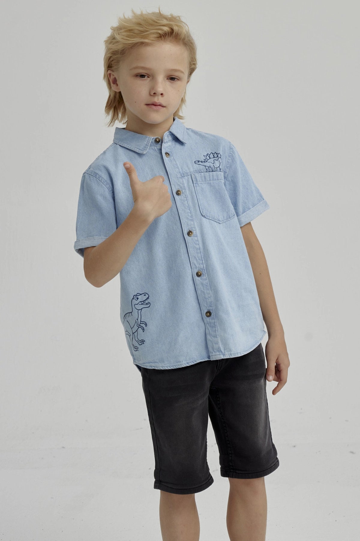 Camisa Niño Denim Dinosaurio Azul Claro