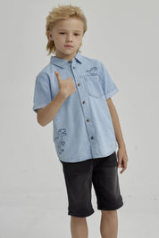 Camisa Niño Denim Dinosaurio Azul Claro