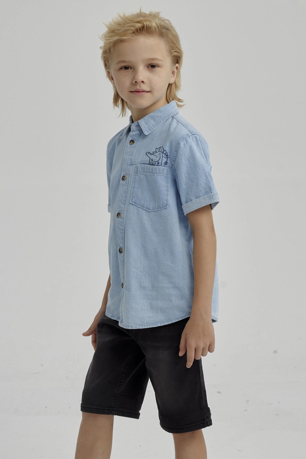 Camisa Niño Denim Dinosaurio Azul Claro
