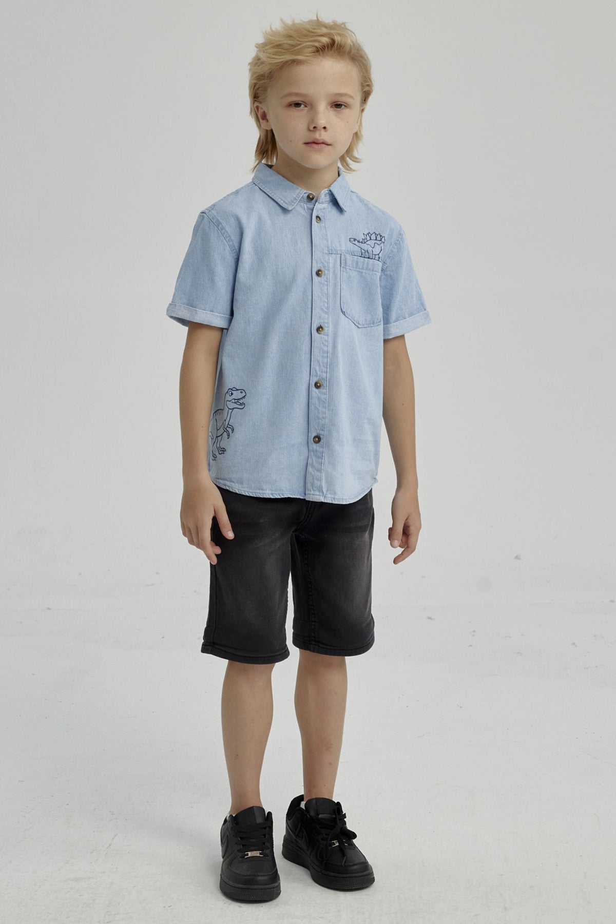 Camisa Niño Denim Dinosaurio Azul Claro