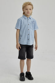 Camisa Niño Denim Dinosaurio Azul Claro