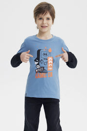 Polera Niño Básica Print Azul Piedra