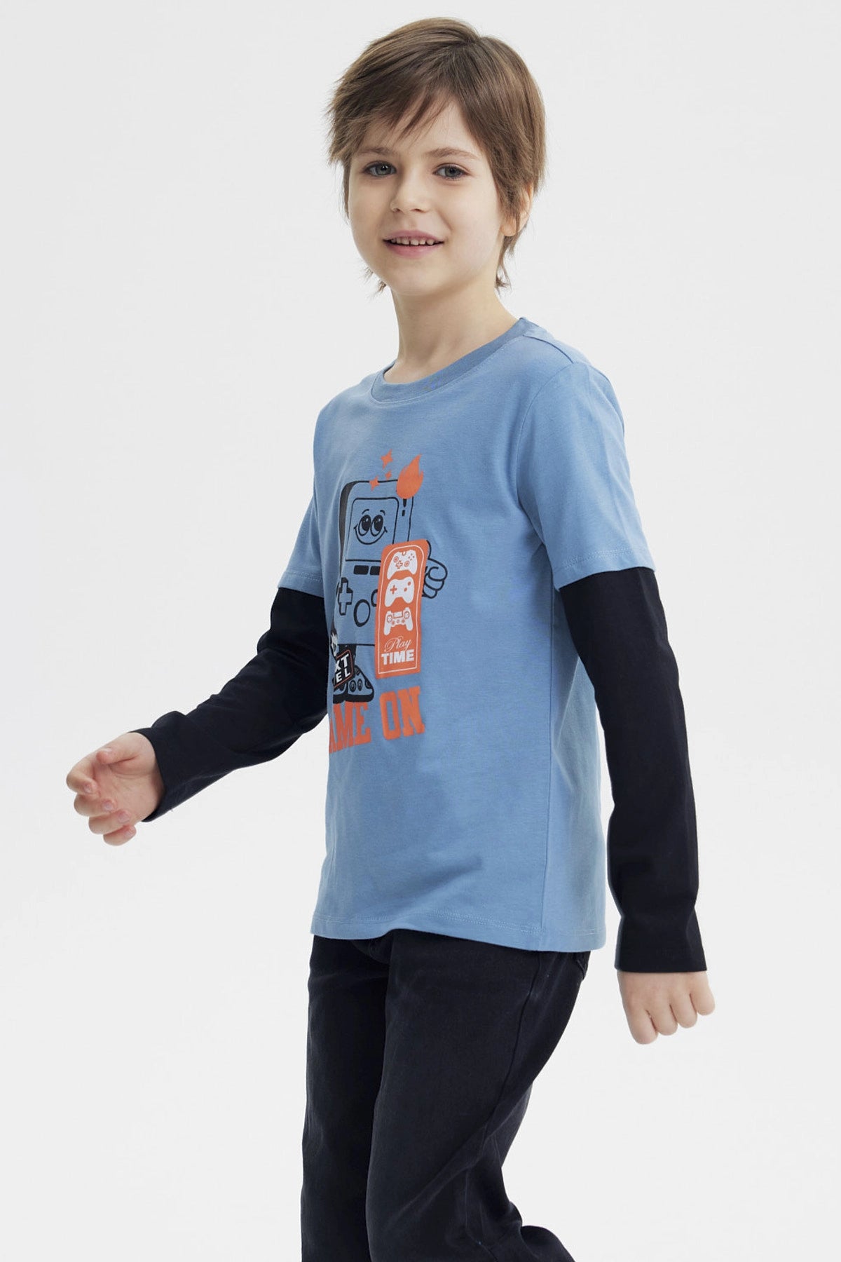 Polera Niño Básica Print Azul Piedra