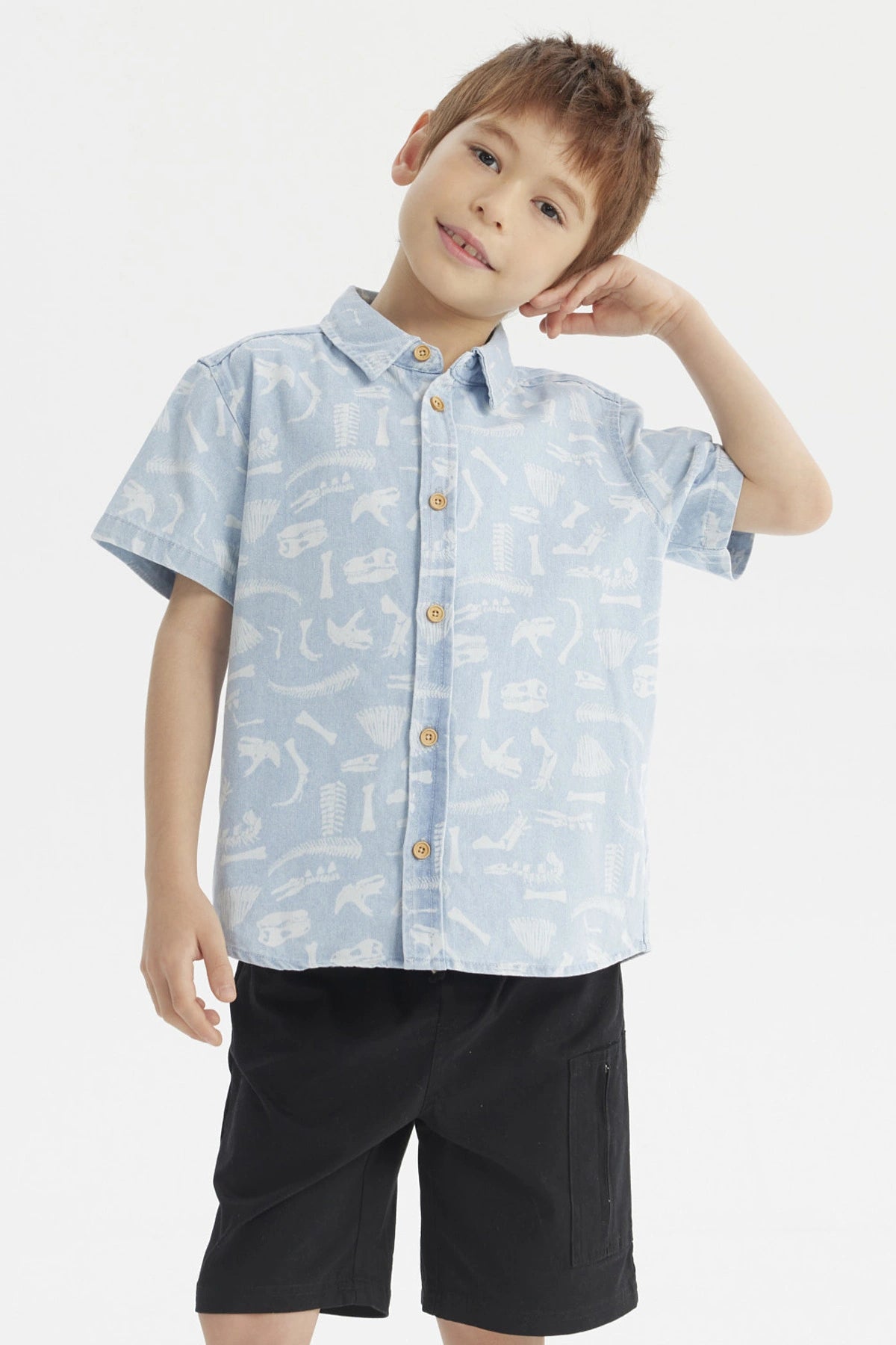 Camisa Niño Denim Dinosaurio Celeste