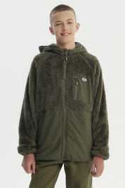 Polar para niño verde militar con capucha cierre completo y bolsillo frontal con parche gráfico estilo urbano