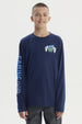 Polera niño azul oscuro con diseño de mandos y texto Game Over en el pecho y manga izquierda estampada con Gaming