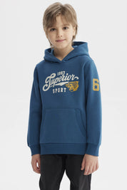 Polerón niño azul petróleo con gorro y estampa frontal de tigre y texto Superior Sport en estilo deportivo casual
