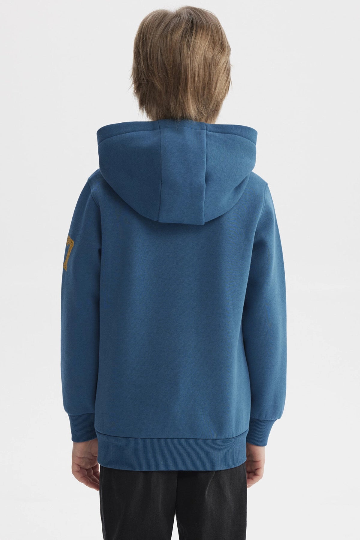 Polerón niño azul petróleo con gorro y estampa frontal de tigre y texto Superior Sport en estilo deportivo casual